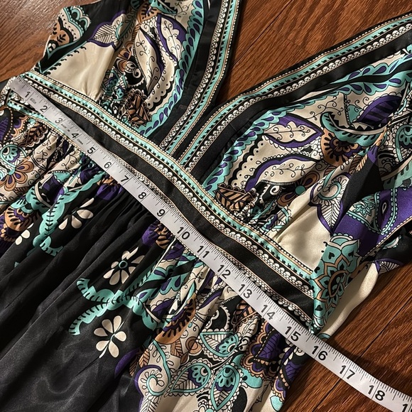 I.C.E Blue and Black Plunge V Neck back satin paisley Sleeveless Dress belted 10 - Picture 11 of 14